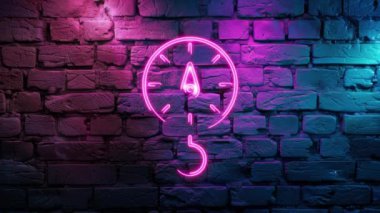 Tuğla duvardaki Pembe Icon Neon 'un ışıldayan ağırlık makinesinin video görüntüleri. Döngülenmiş Neon soyut çizgileri. Lazer Pictogram animasyonu. Kusursuz döngü. 4k video.