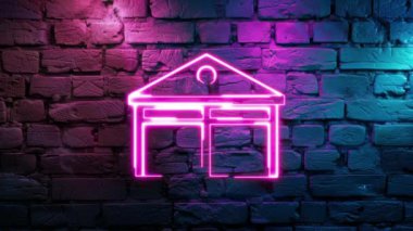 Duvardaki Pembe Parlayan Depo Simgesi Neon 'un video görüntüleri. Döngülenmiş Neon soyut çizgileri. Lazer Pictogram animasyonu. Kusursuz döngü. 4k video.