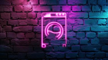Tuğla duvarda parlayan Pembe Çamaşır Makinesi Icon Neon 'un video görüntüleri. Döngülenmiş Neon soyut çizgileri. Lazer Pictogram animasyonu. Kusursuz döngü. 4k video.