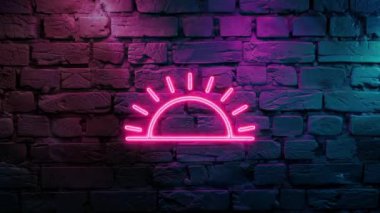 Tuğla duvarda Pembe Günbatımı ve Gün Doğumu 'nun ışıldayan Simge Neon' unu gösteren video görüntüleri. Döngülenmiş Neon soyut çizgileri. Lazer Pictogram animasyonu. Kusursuz döngü. 4k video.