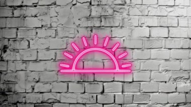 Işıldayan, neon günbatımı ve gündoğumunun video görüntüleri tuğla beyazı duvar zemininde. Lazer Pictogram animasyonu. Kusursuz döngü. 4k video.