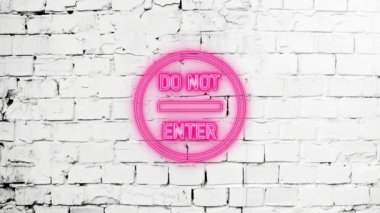 Parıldayan, neon olmayan video görüntüleri tuğla beyaz duvar arkaplanındaki Flicking Icon 'a girmiyor. Lazer Pictogram animasyonu. Kusursuz döngü. 4k video.