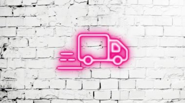 Işıldayan, neon dağıtım, tuğla beyaz duvarda koşan kamyon ikonunun video görüntüleri. Lazer Pictogram animasyonu. Kusursuz döngü. 4k video.