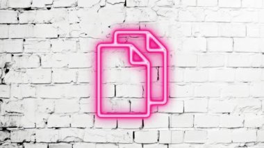 Işıldayan, neon kopyalama dosyasının beyaz duvardaki görüntüsü. Laser Pictogram animasyonu. Kusursuz döngü. 4k video.