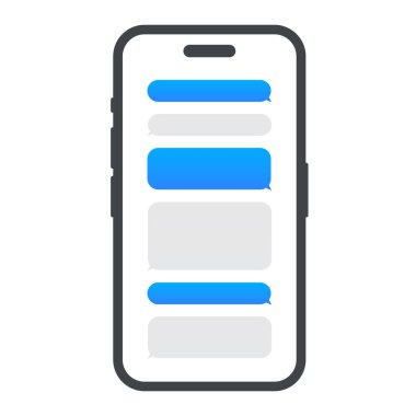 Mesajlaşan SMS uygulamalı akıllı telefon. Kurye sohbeti için mesaj baloncukları tasarım şablonu. Vektör illüstrasyonu.