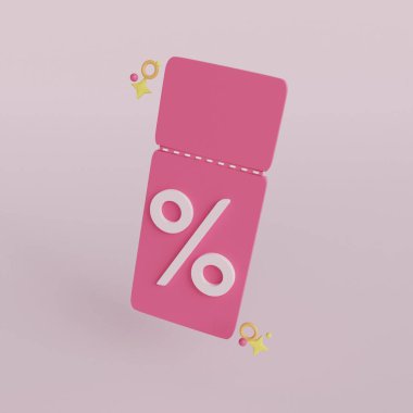 Cartoon business card on pink backdrop. Free prize 3d. Discount promotion. 3d rendering illustration. Business marketing concept. Minimal concept. Modern 3d graphic. 3d gift ticket. 
