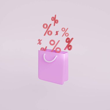 Colorful shopping bag discount. Sale promotion poster. Realistic 3d render sign. 3d illustration isolated. Realistic 3d cartoon style design.  Online shopping. Holiday poster. 