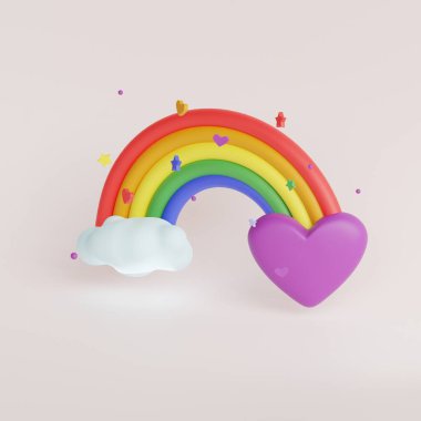 Mor kalpli üç boyutlu gökkuşağı. Gurur ayı. LGBT bayrağı. 3d resimleme