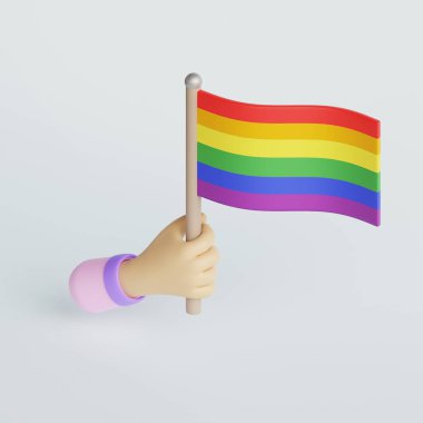 LGBTQ için gurur bayrağı taşıyan bir el. Onur ayı kutlaması. 3d resimleme