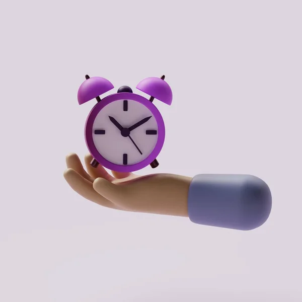 Cartoon Hand Holding Alarm Clock Render Illustration — Stock Photo, Image