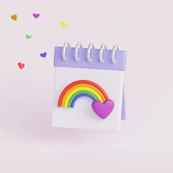 在Lgbtqia Pride的庆祝活动中 用彩虹和心来制作日历 3D渲染说明 — 图库照片