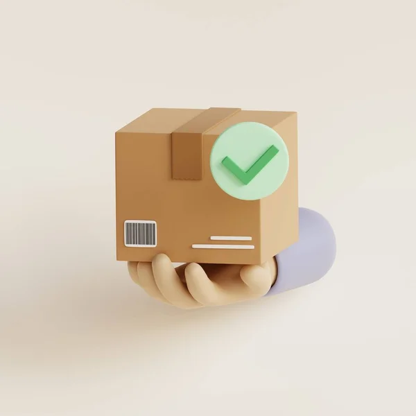 Cartoon Hand Cardboard Box Посылка Галочкой Доставка Заказа Коробке Концепция — стоковое фото