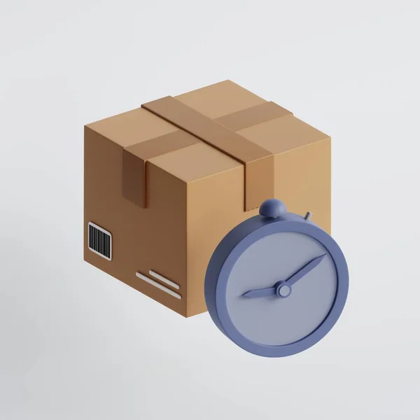 Caixa Entrega Relógio Pacote Caixa Com Alarme Renderizar Ilustração — Fotografia de Stock
