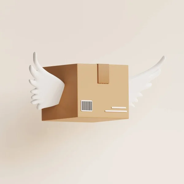 Caixa Com Asas Brancas Pacote Voador Ilustração Renderização — Fotografia de Stock