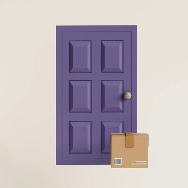 Express delivery, e-commerce online purchasing concept. Parcel box on floor near front door. Home delivery concept, online order tracking, delivery home and office. 3d render illustration