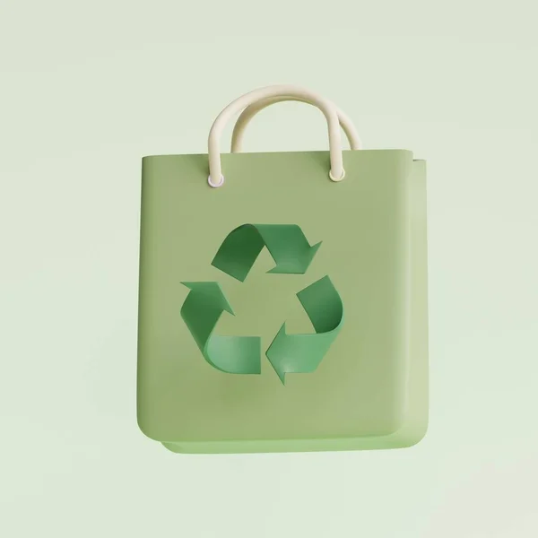 リサイクルサイン付きエコバッグ 環境に優しい 地球温暖化 リサイクル 有機およびバイオコンセプトのための緑のバッグ 3Dレンダリング図 — ストック写真