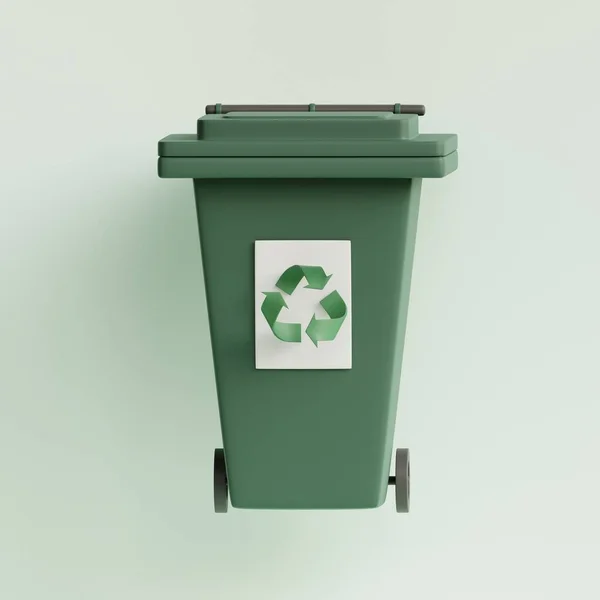 リサイクルシンボルでごみ箱 緑のゴミだ 3Dレンダリング図 — ストック写真