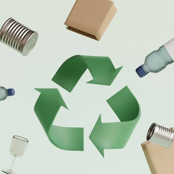 リサイクル 再利用と修復 リサイクルシンボルは リサイクルする廃棄物を中心に展開します 3Dレンダリング図 — ストック写真