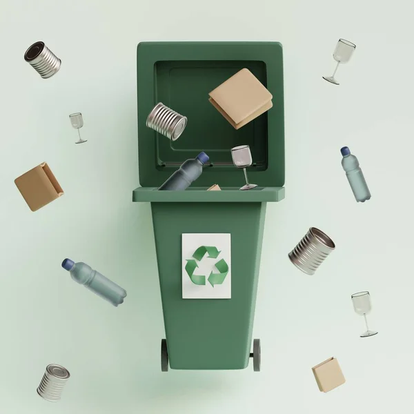 ゴミ箱をリサイクルする 廃棄物管理リサイクルの概念です ゴミ箱はゴミや緑のリサイクル記号でできます 3Dレンダリング図 — ストック写真
