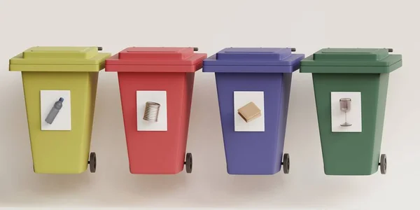 リサイクルの兆候を持つごみ箱 材料で並べ替え リサイクル廃棄物の異なる種類のための多色のゴミ箱 3Dレンダリング図 — ストック写真
