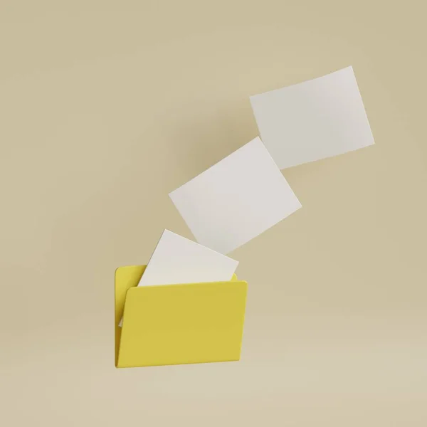 空飛ぶ空白の文書が付いている黄色いコンピュータ フォルダー ファイルをコピーする 3Dレンダリングイラスト — ストック写真