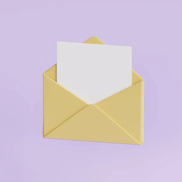 Open letter envelope with empty white paper letter inside. Business email communication symbol sign. Cute cartoon style. 3d render illustration