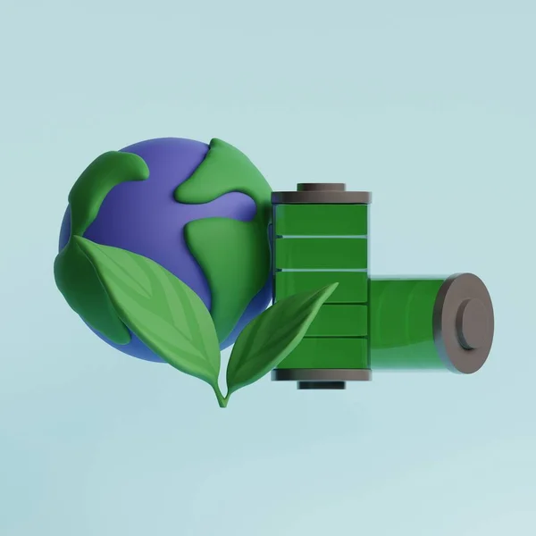 Earth planet, green battery and leaves. National Battery Day. 3d render illustration