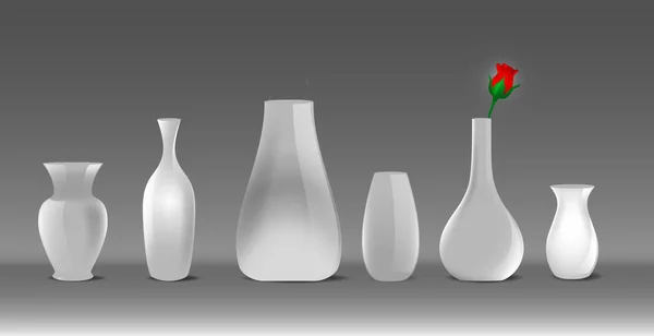 Set Realistic Empty Glass Flower Pot Transparent Flower Pot Rose — Stock Vector