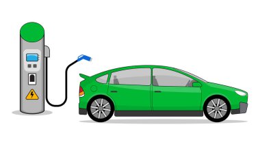 Şarj istasyonunda şarj edilen bir elektrikli araba tasviri. - 3 boyutlu illüstrasyon
