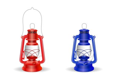 Gerçekçi Vintage Kamp Fenerleri Kırmızı ve Mavi 'nin dış ve acil durum kullanımı için çizimini ayarlayın  