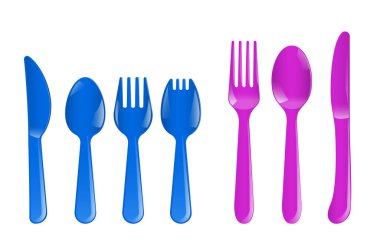 Beyazda izole edilmiş Çocuklar için Gerçekçi Renkli Plastik Çatal-bıçak Çizimini Ayarla 