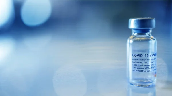 Tom Azul Vacina Covid Mesa Com Fundo Desfocado Antígeno Bokeh — Fotografia de Stock