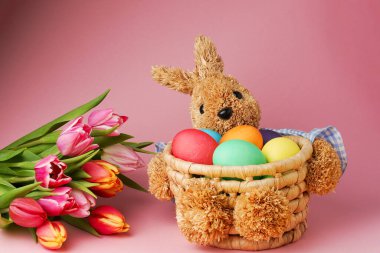Straw bunny basket with easter colorful eggs und fresh tulips on pink background. Happy Easter card. Close up.