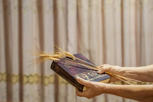 Holy Week religious composition with wooden crucifixion, palm leaf, willow branch, wheat ear. Bible and rosary. Holy week concept, Sunday in copy space.