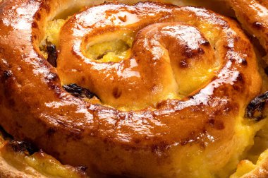 Macro shot of a pain aux raisins. Focus stacking used, whole image in focus