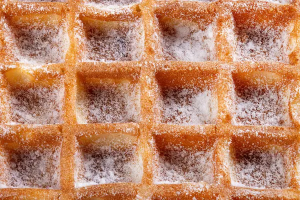 Belçika Waffle Inın Makro Görüntüsü Üzerine Pudra Şekeri Serpilmiş — Stok fotoğraf
