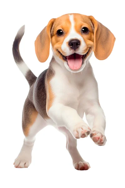 Running happy Beagle puppy on a white background