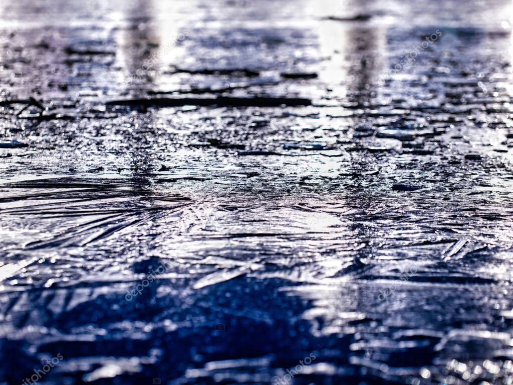 Tokyo, Japan January 5, 2023 Lights reflecting on the ice in a pond 2024