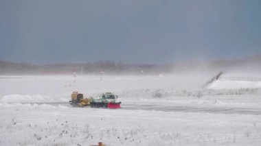 Hokkaido, Japan - January 25, 2023: Runway of Nemuro Nakashibetsu airport on windy day