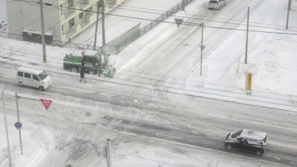 Hokkaido Japan January 2023 Removing Snow Foot Pavement Snow Blower — Stockvideo
