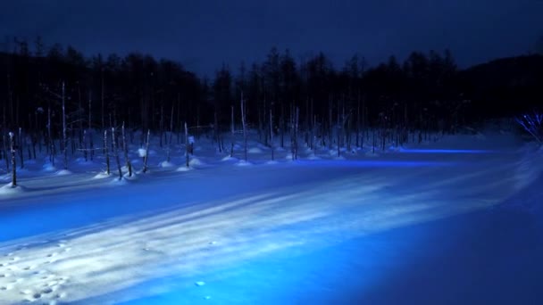 Hokkaido Japan Februari 2023 Verlichte Blauwe Vijver Aoi Ike Biei — Stockvideo