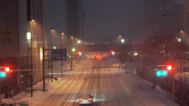 Hokkaido,Japan - February 25, 2023: Street view of Souseigawa street in heavy snow in Sapporo, Hokkaido, Japan