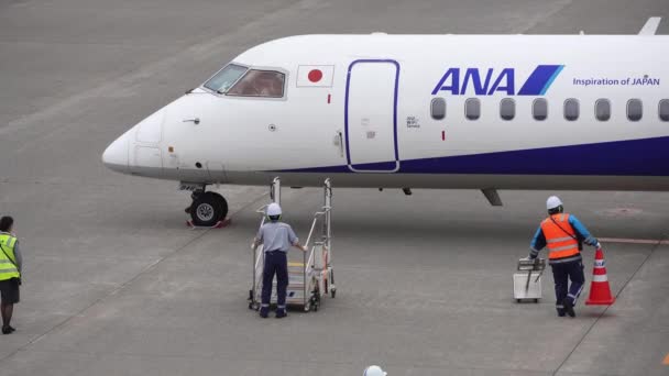 Хоккайдо Япония Июня 2023 Года Открытие Двери Самолета Фартуке Аэропорта — стоковое видео