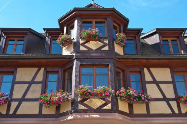 Eguisheim, Fransa - 18 Haziran 2024: Eguisheim, Fransa 'da güzel pencereler