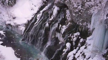 Hokkaido, Japonya - 7 Şubat 2025: Donmuş Gemi Şelaleleri ve buz şelaleleri Biei, Hokkaido 'da