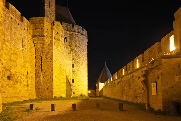Carcassonne, Fransa - 15 Mayıs 2025: Fransa 'da Carcassonne, güçlendirilmiş şehir, gece manzarası