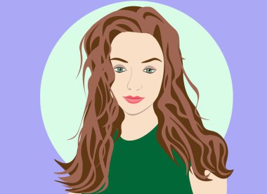 Bu dijital düz çizim, yeşil gözlü neşeli bir kızı tasvir ediyor. Hafif dairesel bir arka plana sıcak bir şekilde gülümsüyor. Minimalist tasarım, temiz çizgiler ve canlı renklerle karakterize edilir.