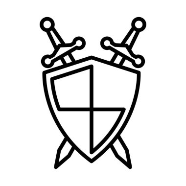 Beyaz arkaplanda kalkan ve kılıç simgesi vektör tasarım şablonu