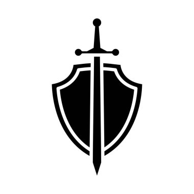 Beyaz arkaplanda kalkan ve kılıç simgesi vektör tasarım şablonu