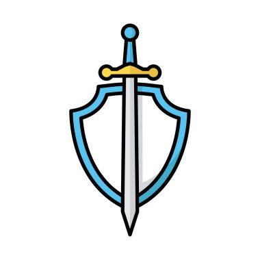 Beyaz arkaplanda kalkan ve kılıç simgesi vektör tasarım şablonu